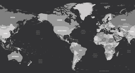 World map - America centered. Grey colored on dark background. High detailed political map of World with country, capital, ocean and sea names labeling