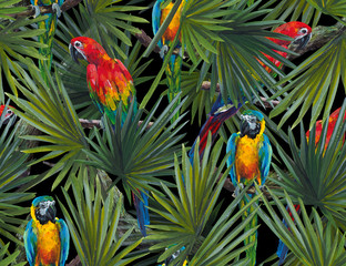 Tropical seamless pattern with  banana leaves and parrots. Luxury background.  Acrylic Painted Print
