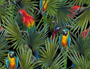 Keuken foto achterwand Papegaai Tropisch naadloos patroon met bananenbladeren en papegaaien. Luxe achtergrond. Acryl geschilderde afdruk