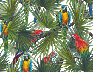 Tropical seamless pattern with  banana leaves and parrots. Luxury background.  Acrylic Painted Print