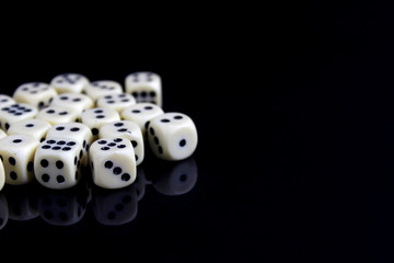 Casino black background with dice. Online casino banner. White and gold dice with reflection isolatel on black. 3d rendering casino clipart. play the game. life game