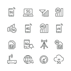 G networks related icons: thin vector icon set, black and white kit