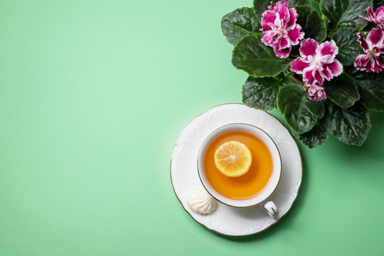 Flowering Saintpaulias, commonly known as African violet and a cup of tea with lemon close-up. Composition for Valentine's Day, birthday. - Powered by Adobe