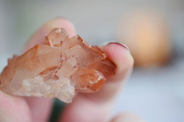 Tangerine Quartz in womans hand! Premium quality crystal Quartz healing stone, extremely unique...