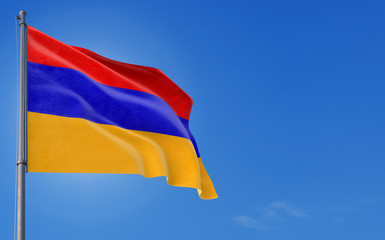 Armenia flag waving in the wind against deep blue sky. National theme, international concept. Copy space for text.