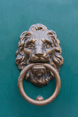 Old metal door handle in the shape of a lion's head with a ring in his mouth on a wooden background