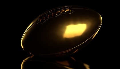 Golden american football or rugby ball on black background. 3d render.