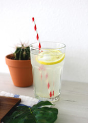 Glass of lemonade, ice and paper straw