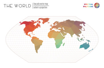 Low poly design of the world. Eckert V projection of the world. Spectral colored polygons. Elegant vector illustration.