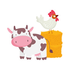cow and rooster on hay fence farm animal cartoon