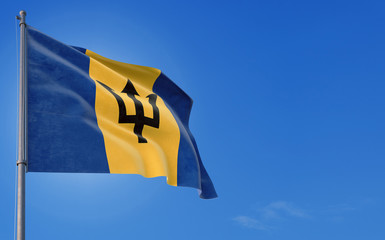 Barbados flag waving in the wind against deep blue sky. National theme, international concept. Copy space for text.