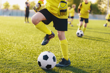Soccer players on training field on football camp. Kids practice soccer on summer day. Kids...