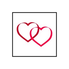 Two red heart in square. Sign on white background. Romantic symbol linked, love, passion and wedding. Template for t shirt, apparel, card, poster. Design element of valentine day. Vector illustration.