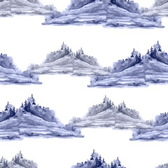Seamless watercolor background with a picture - mountains, snowy vernix, pine, spruce, buckets, fir, forest. Beautiful nature on a vintage background. Slope with trees of blue color.