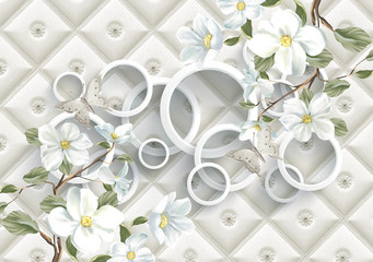 3D wallpaper design with brick and flowers for photomural