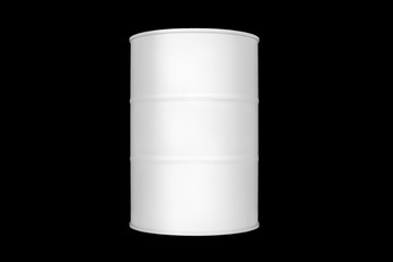 White metal barrel on black background isolated close up, oil drum, steel keg, blank closed tin can, aluminium cask, petroleum storage packaging, fuel or gasoline container, canned goods template