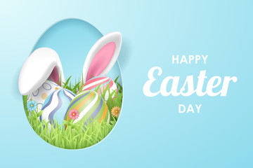 Happy Easter background with realistic Easter eggs. Vector illustration