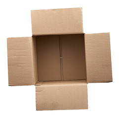 open empty brown square cardboard box for transporting goods