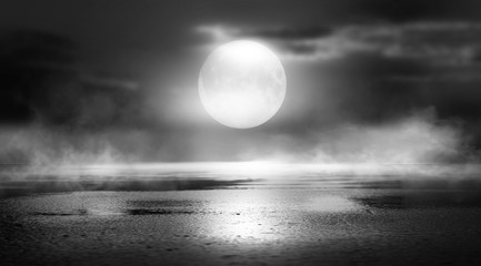 Obraz premium Dramatic black and white background. Cloudy night sky, moonlight, reflection on the pavement. Smoke and fog on a dark street at night.