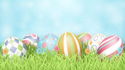 Happy Easter background with realistic Easter eggs. Vector illustration