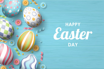 Happy Easter background with realistic Easter eggs. Vector illustration