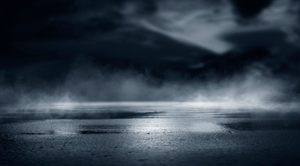 Dramatic black and white background. Cloudy night sky, moonlight, reflection on the pavement. Smoke and fog on a dark street at night. - Powered by Adobe