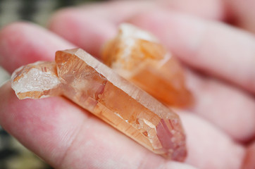 Tangerine Quartz in womans hand! Premium quality crystal Quartz healing stone, extremely unique crystal formation! Red Quartz Specimen, orange quartz stone. Rough crystal point, natural lighting