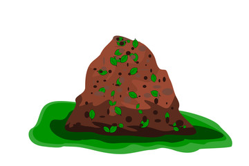 Pile of soil isolated on white background. Heap of earth, organic fertilizer, compost. Hill of brown substrate. Ground with organic garbage. Zero waste. Colored flat icon, cartoon design. Stock vector