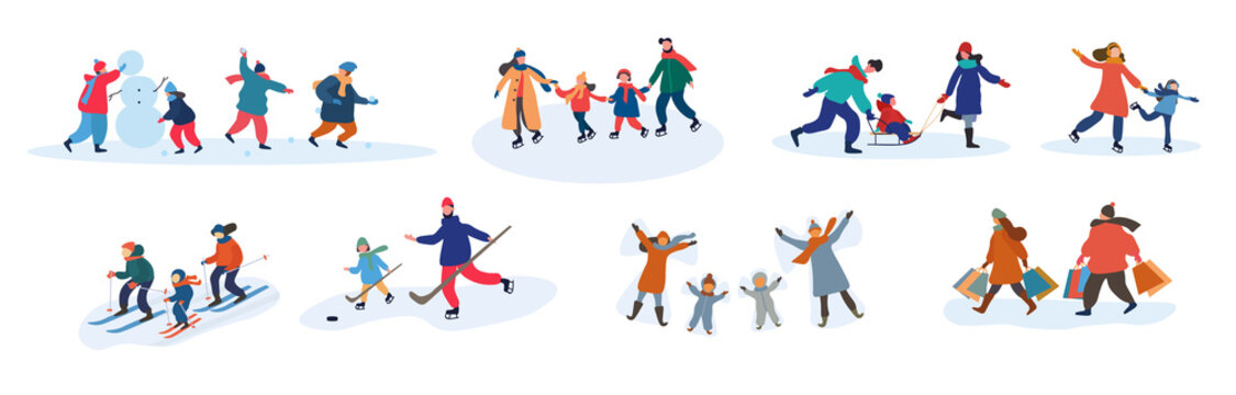 Set of eight different vector family activities in winter with parents and young children making a snowman, skiing, skating, tobogganing, playing ice hockey, celebrating in the snow and shopping