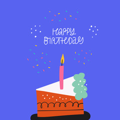 Birthday cake slice vector illustration with typography
