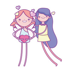 happy valentines day, cute girl and cupid holding heart love romantic