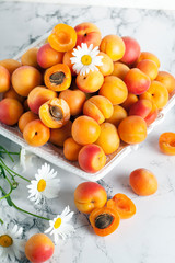 ripe apricots with daisies on a white plate on a light background. For calendar, postcard, book, poster.