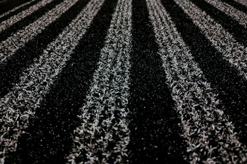 Black mat with white stripes with fibers from recycled plastic, background