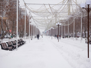 Karaganda, KAZAKHSTAN - January 17, 2019: Snowstorm, winter storm