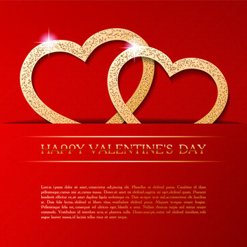 Couple of golden hearts on red striped background. Happy Velentines Day golden text. Cute card, banner, flyer, poster, voucher, greeting card, social network post vector template.