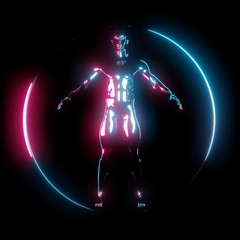 Neon light Vitruvian Man in circle frame