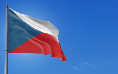 Czech Republic flag waving in the wind against deep blue sky. National theme, international concept. Copy space for text.