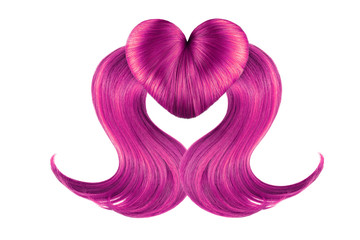 Pink hair in shape of heart on white, isolated. Doughnut bun