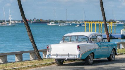 baby-blue classic cuban car on a road next to the sea with palm trees