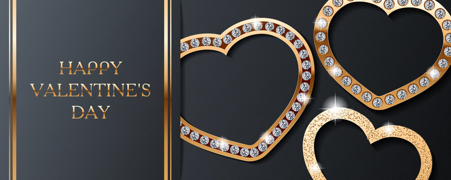 Luxury Valentines day vector golden and diamond hearts on black striped background. Cute card, banner, flyer, poster, voucher or greeting card template.