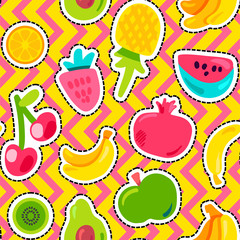 Fruits on zig zag background seamless pattern
