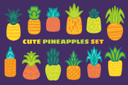 Ripe pineapple hand drawn vector illustrations set