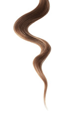 Brown hair on white background, isolated. Thin curly thread