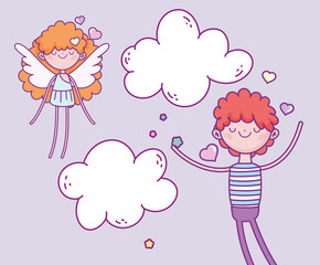 happy valentines day, cute boy and cupid wings love hearts clouds
