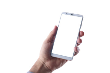 hand holding smart phone isolated on white