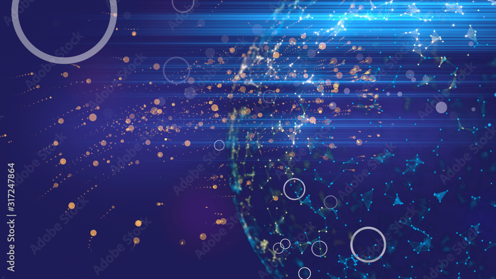 Poster endless flow of glittering particles in gold to big tansparent planet with plexus surface over dark 