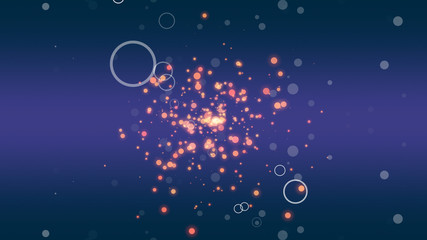 Dark space with swirl of blue dust slowly occupied by orange bokeh particles.