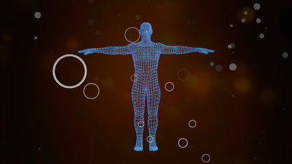 3D Avatar showing holographic projection of man body rotating over particles background.