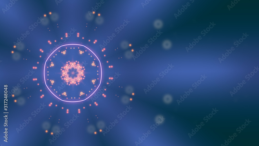 Poster beautiful gold and blue bokeh kaleidoscopic sequence in motion from the center.