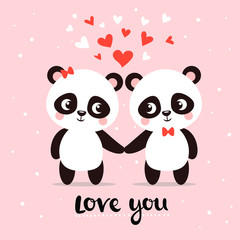 Obraz premium Two little cute pandas hold hands among hearts. Vector greeting card.